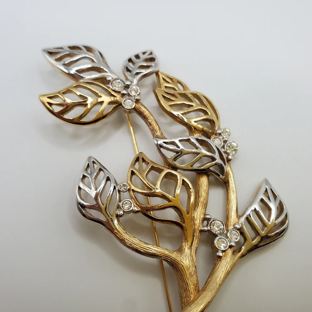 MCM Grossé Brooch Pin. Marked. Gold And Silver Tone Leaves. Rhinestones. Vintage